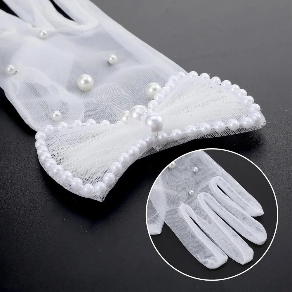 Women's Tulle Mesh Short Pearl Bow White Gloves Wedding Party Tea Accessories